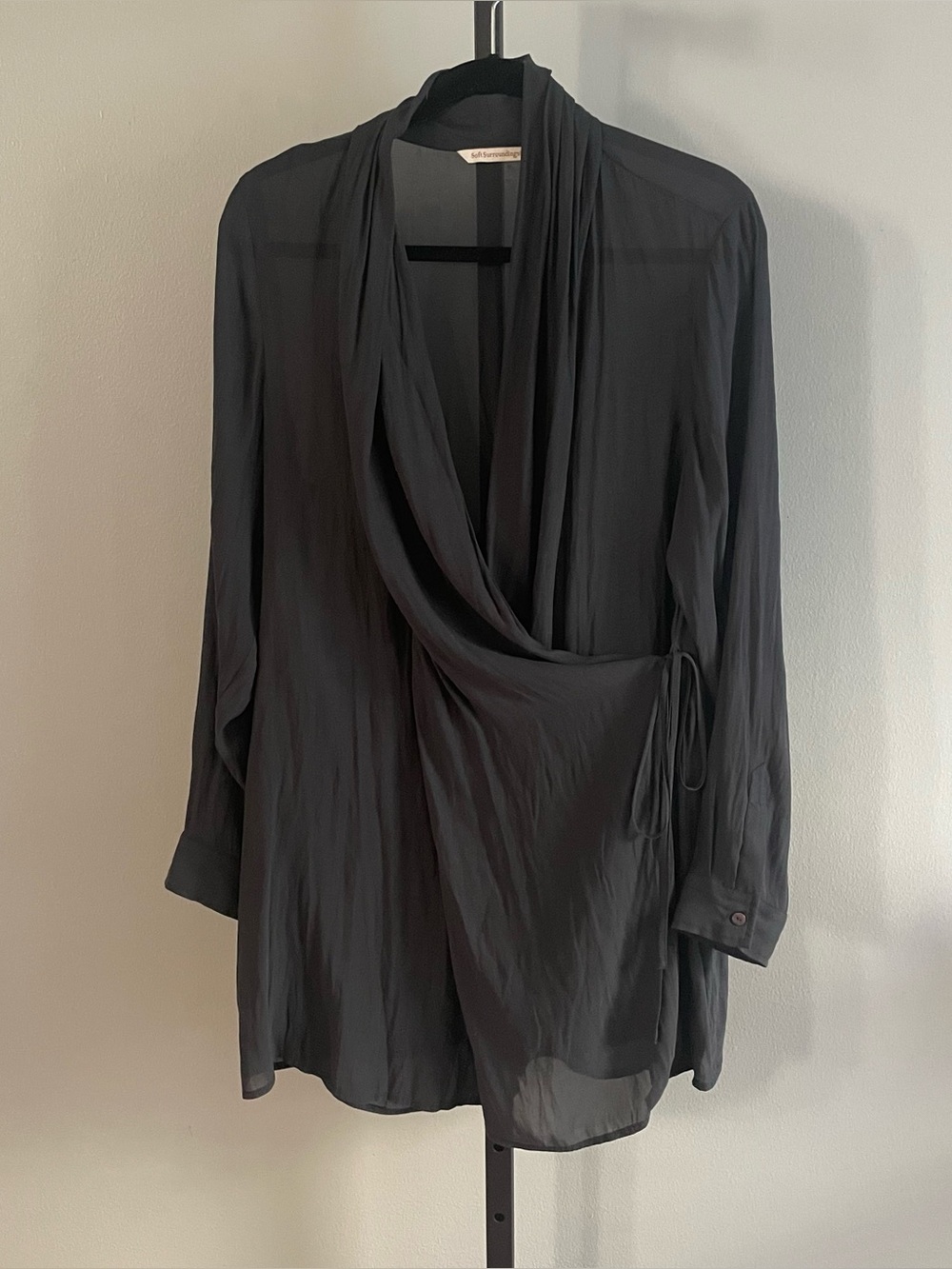 Soft Surroundings Silk Charcoal Gray Wrap Tunic Blouse Sheer Back